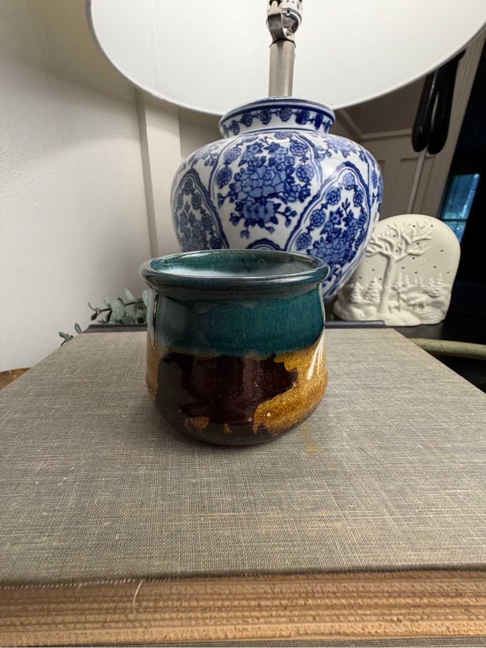 Signed Studio Pottery Teal Brown Drip Glaze Small Planter Crock Pot